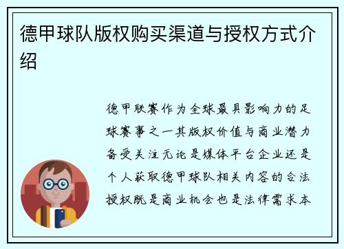 德甲球队版权购买渠道与授权方式介绍